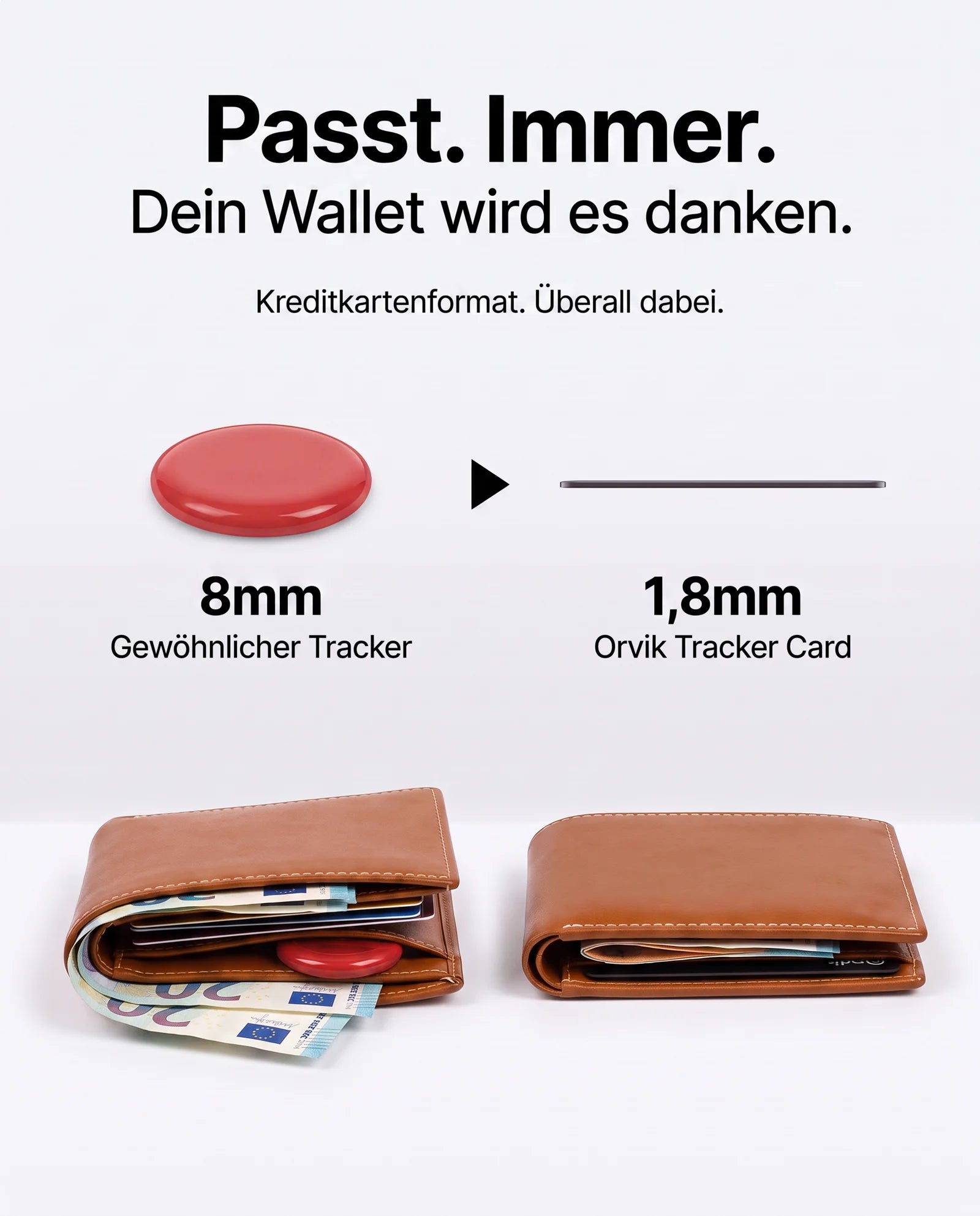 8mm Tracker im Vergleich zur 1.8mm Orvik Tracker-Karte im Wallet